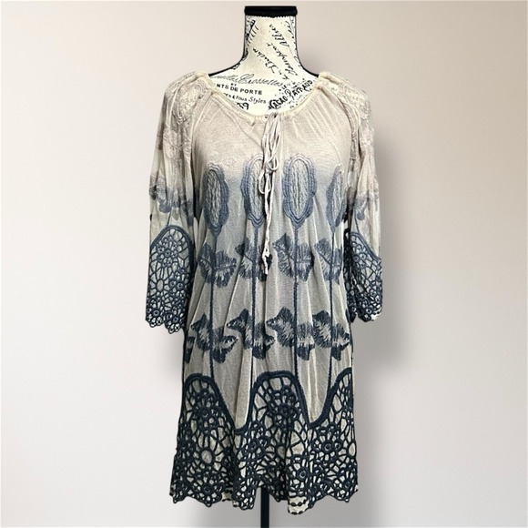 XCVI Dresses & Skirts - XCVI‎ S Beige Gray Ombre Cotton Crochet Lace Embroidered Mini Dress Boho Resort